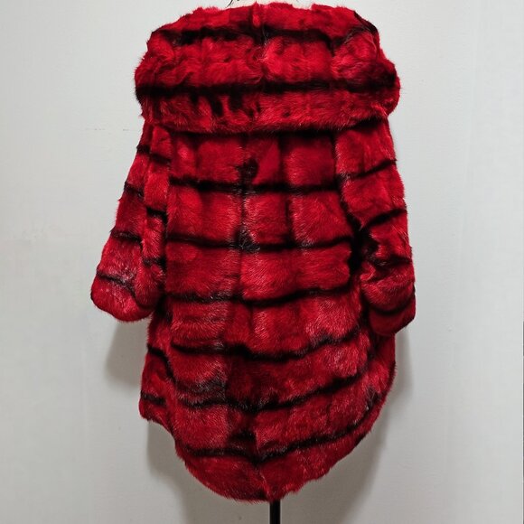 New Real Black Cross MINK Fur Overcoat Jacket Stroller Red Scarlet Panel Striped - Picture 5 of 7